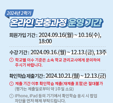 2024년2학기 온라인 보충과정 운영기간. 회원가입 기간: 24.9.16(월)~10.16(수),18:00 수강기간: 24.9.16(월)~12.13.(금),13주 학교별 이수 기준은 소속학교 관리교사에게 문의하여 주시기 바랍니다. 확인학습 제출기간: 24.10.21.(월)~12.13.(금) 제출기간 이후 확인학습 제출(재제출 포함)은 절대불가(평가는 제출일부터 약 1주일 소요) iPhone, iPad 등의 기기에서 확인학습 응시 시 팝업 차단을 먼저 해제 부탁드립니다.